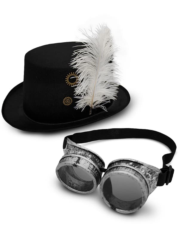 FUNIDELIA Steampunk hatt med glasögon för dam och herr - Storlek: 0 - Brun
