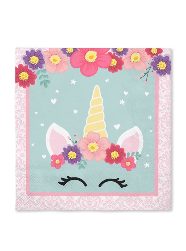 FUNIDELIA 16 Enhjørning Servietter 33x33cm - Unicorn Flowers til piger - 0