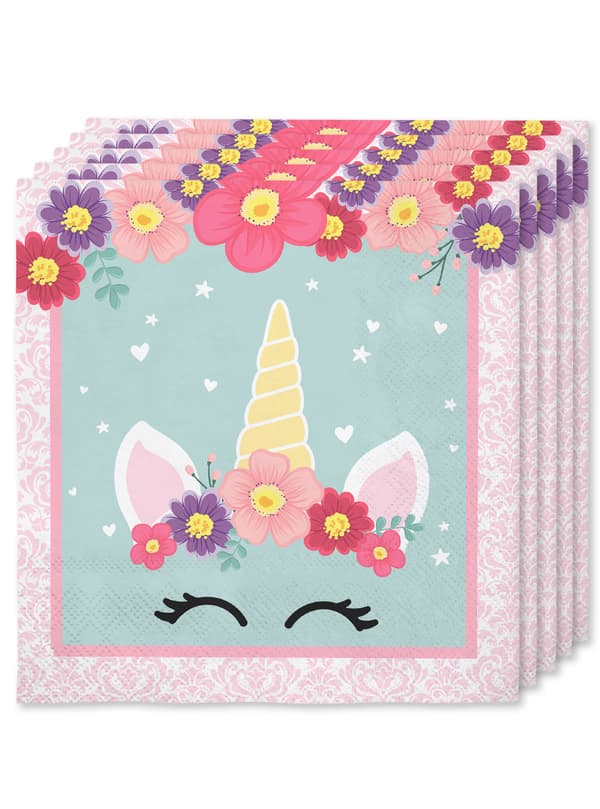 FUNIDELIA 16 Enhjørning Servietter 33x33cm - Unicorn Flowers til piger - 0