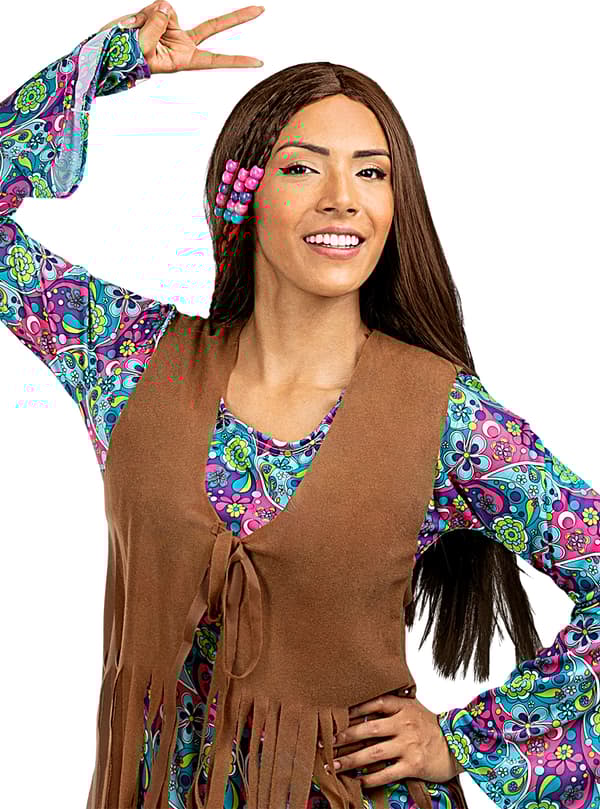 FUNIDELIA Peruk hippie mörk för dam och herr - Storlek: 0 - Brun