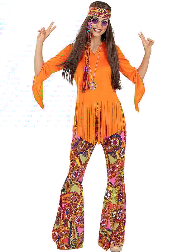 FUNIDELIA Peruk hippie mörk för dam och herr - Storlek: 0 - Brun