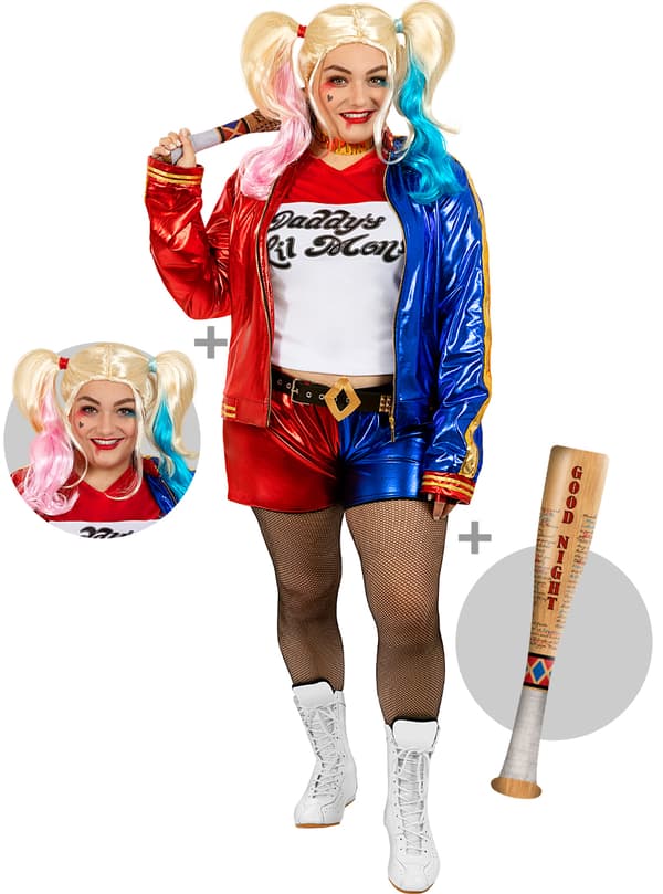 FUNIDELIA Harley Quinn Kostume med Paryk og Oppusteligt Bat - Suicide Squad til kvinder XXL