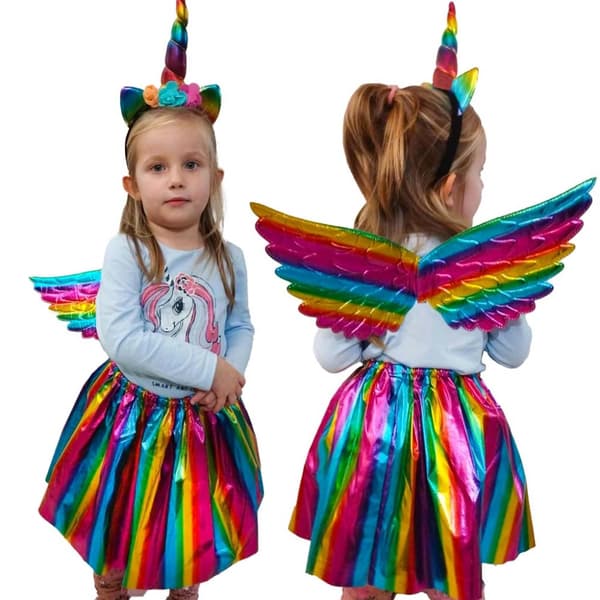 Kostym karneval outfit enhörning förklädnad kjol flerfärgat pannband