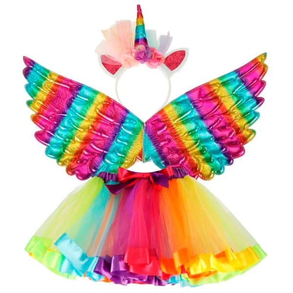 Kostym karneval outfit unicorn fancy dress kjol pannband med horn vingar