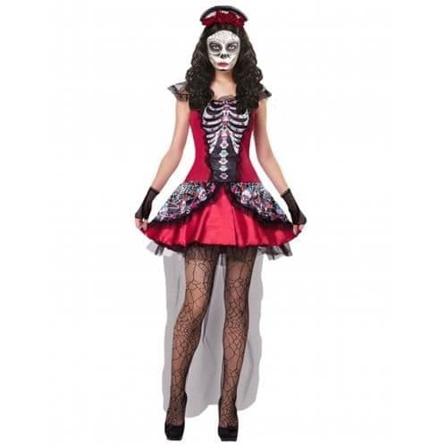Röd färgglad skelettdräkt för kvinnor Dia de los muertos