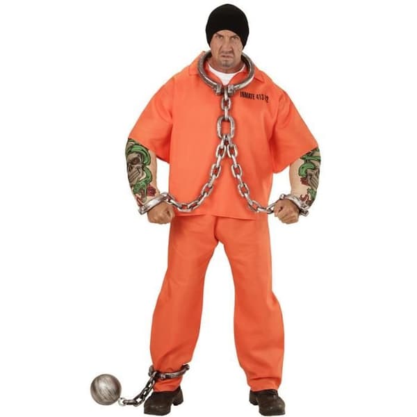 Tatuerad fångdräkt för män - Vit - Polyester - Topp, byxor, handbojor, fångboll