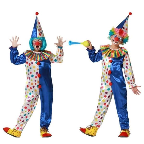 Clowndräkt - ATOSA - Blå med färgglada prickar - Hatt och overall - För barn 10-12 år - Unisex
