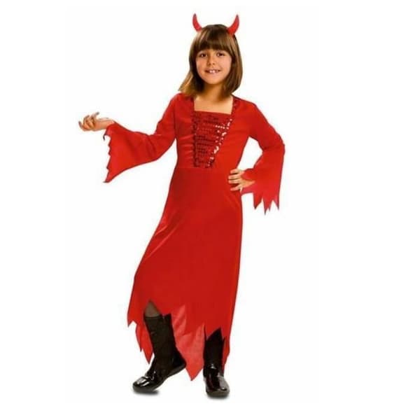 Röd she-devil kostym - MÄRKE - Modell - Röd klänning - Långa ärmar - Pannband med horn