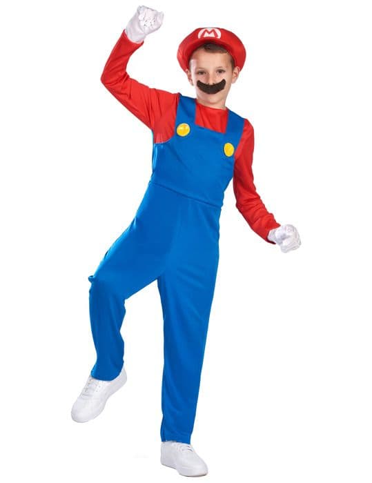 Mario Bros Boy Costume - Super Mario - Komplett kostym med mustasch och keps - Brand GIFT TOWER