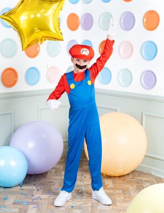 Mario Bros Boy Costume - Super Mario - Komplett kostym med mustasch och keps - Brand GIFT TOWER