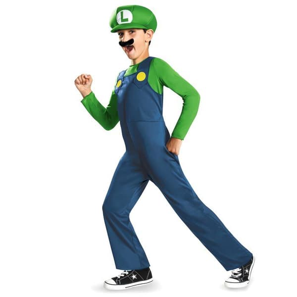 Luigi barndräkt - Mario - Jumpsuit, Mustasch, Keps - Svart, Flerfärgad - Pojke