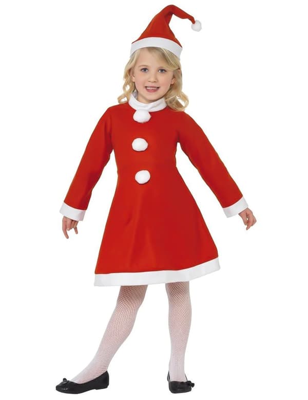 Jentes fru Claus-kostyme med pom-pom kjole