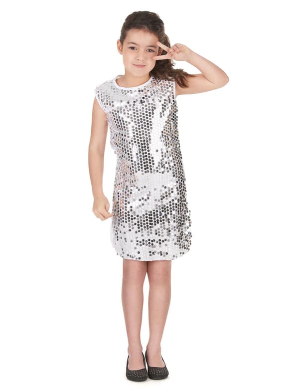 Discokostyme for jenter i sølv med paljetter L 10-12 years (130-140 cm)