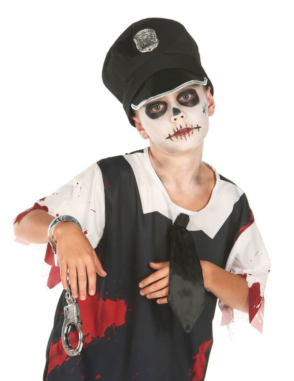 Mustavalkoinen zombie-poliisin naamiaisasu lapsille