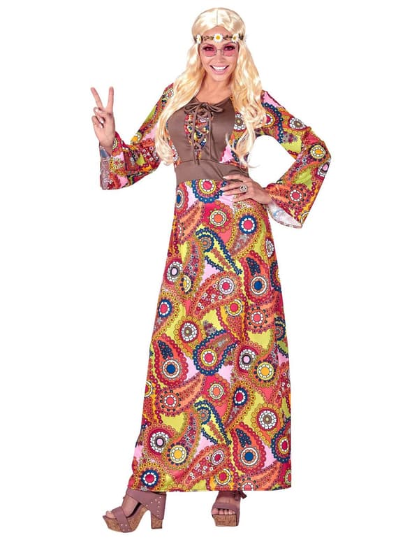 Farverigt hippiekostume lang kjole voksen L