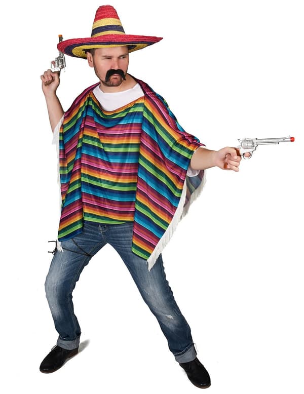 Flerfarvet mexicansk poncho med frynser til voksne. Size-One size