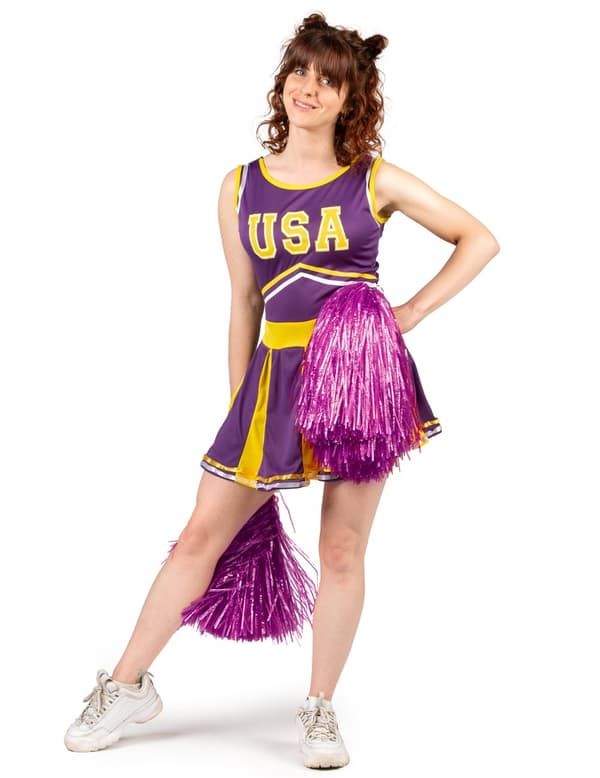 Lilla og gul cheerleader USA-kostyme for kvinner L (42-44)