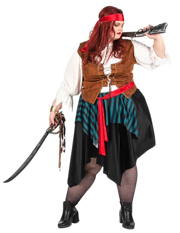 Blå- og svartstripet piratkostyme i stor størrelse dame. Size-XXL