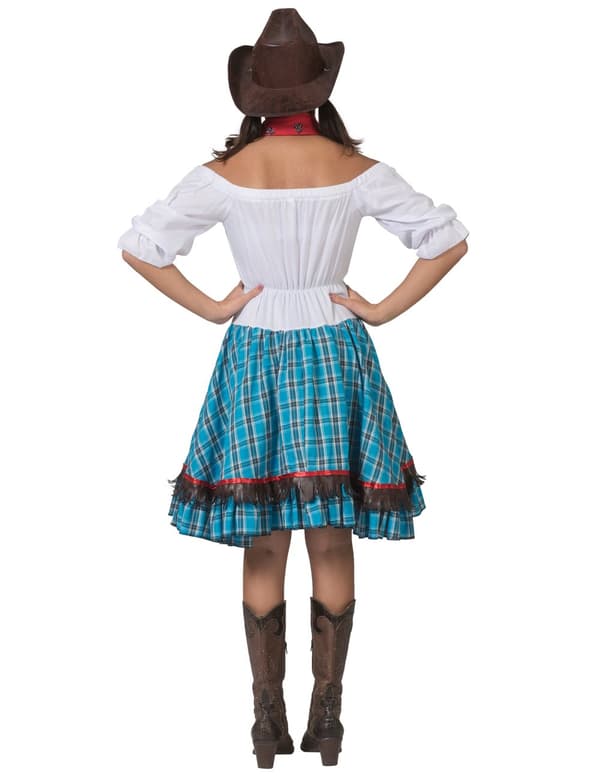 Cowgirl kostume med blå tern - kvinde