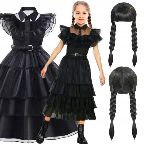 Onsdag Addams Costume Fancy Dress + Bälte 110-116