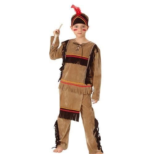 Barn kostym indiansk pojke lyx - Storlek L - Skjorta, byxor med förkläde, huvudbonad - Brun, Gul, Röd
