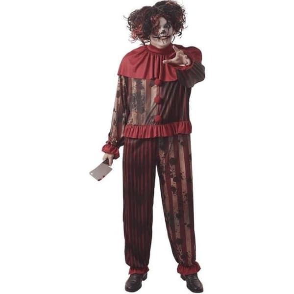Dödlig Clownmaskeraddräkt för Man - Vit - Randig Klänning i Röd, Svart och Beige - Halloween