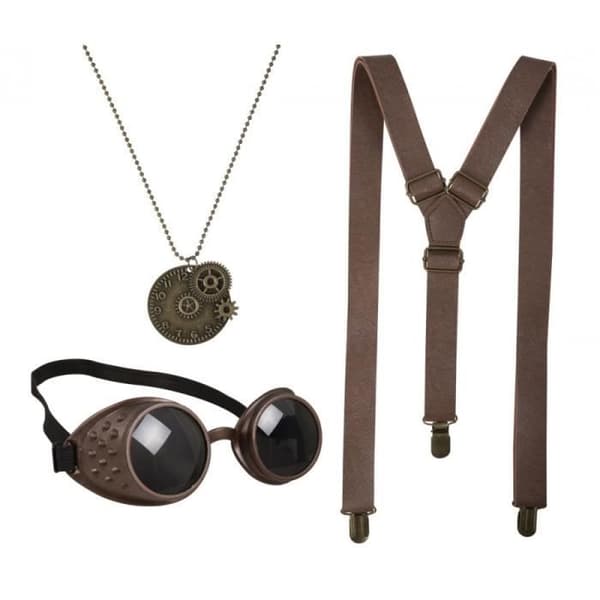 Kit Steampunk - LILLA CLOWN - Byxor, Halsband och Glasögon - Vit - Metall