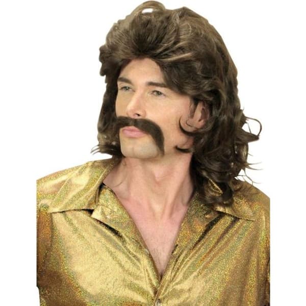 Brun 70-tals discoperuk och mustasch för män 70-tal / disco