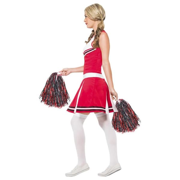 Smiffys Pompom Girl Kostym - Röd och vit klänning med Pompoms - Blandad vuxen