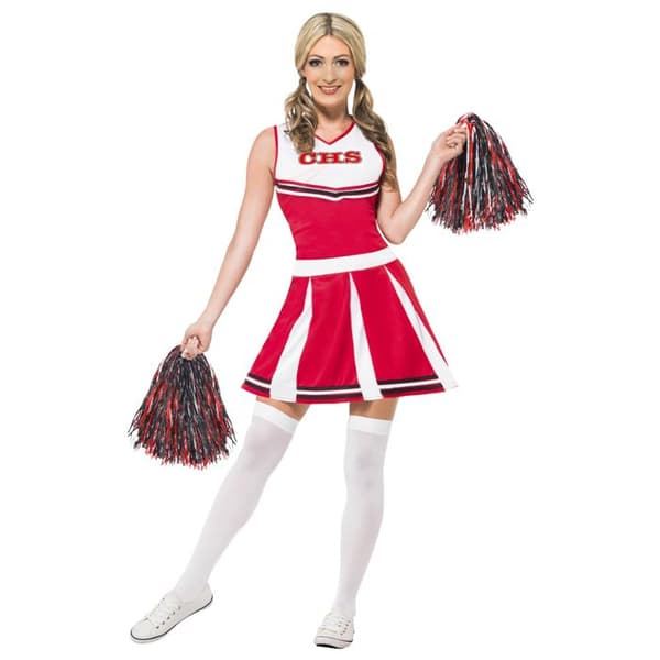 Smiffys Pompom Girl Kostym - Röd och vit klänning med Pompoms - Blandad vuxen