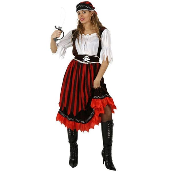 Rödrandig piratdräkt för kvinnor - storlek L/XL - Klänning, bandana och bälte ingår