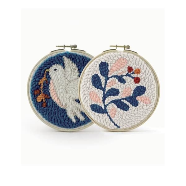 Fågel och löv diptyk Punch needle broderi kit 15 cm - Flerfärgad
