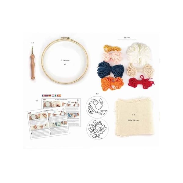 Fågel och löv diptyk Punch needle broderi kit 15 cm - Flerfärgad