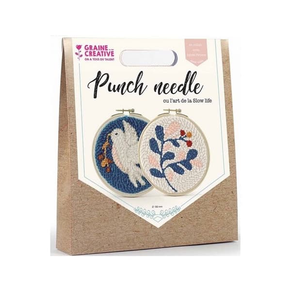 Fågel och löv diptyk Punch needle broderi kit 15 cm - Flerfärgad