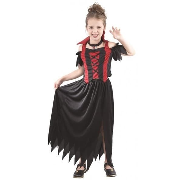 Déguisement Vampirella Tjej - Liten Clown - Delad Kjol - Röd och Svart Top - Halsband med Röd Juvel