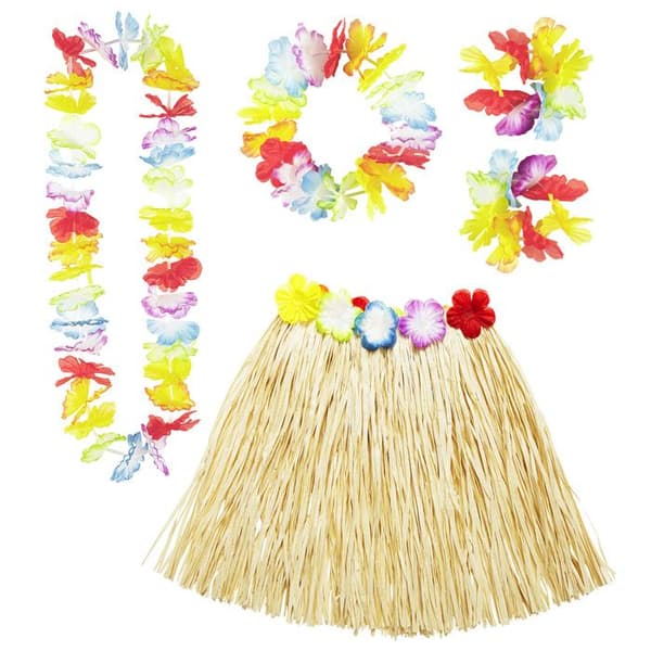 Hawaiian kit - Naturlig - Raffia kjol, halsband, pannband och 2 armband - Vuxen kvinna - Inomhus