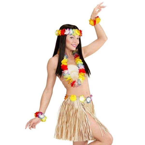 Hawaiian kit - Naturlig - Raffia kjol, halsband, pannband och 2 armband - Vuxen kvinna - Inomhus
