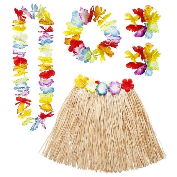Hawaiian kit - Naturlig - Raffia kjol, halsband, pannband och 2 armband - Vuxen kvinna - Inomhus