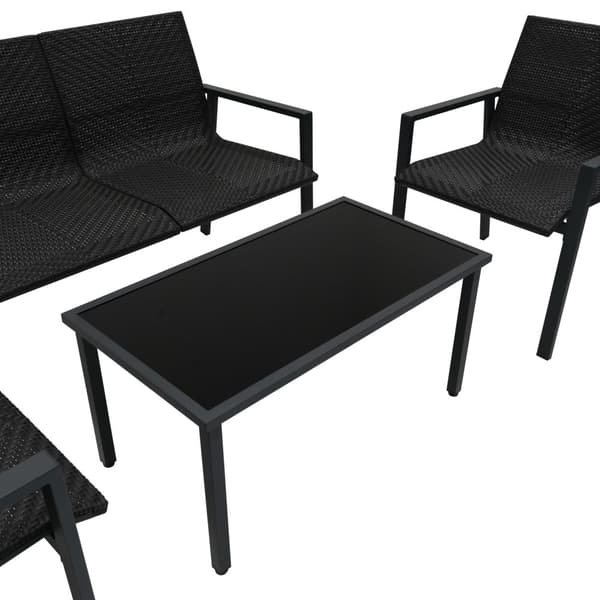 Rattanmöbelgrupp 4 Delar för Uteplats – Svart | 2-sitssoffa | 2 Stolar och Bord med Glasbordsskiva | Väderbeständig | Regnskydd ingår | Perfekt för Tr