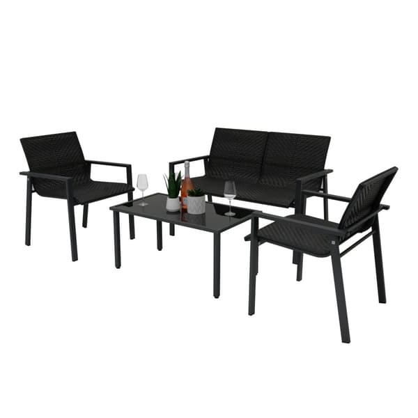 Rattanmöbelgrupp 4 Delar för Uteplats – Svart | 2-sitssoffa | 2 Stolar och Bord med Glasbordsskiva | Väderbeständig | Regnskydd ingår | Perfekt för Tr