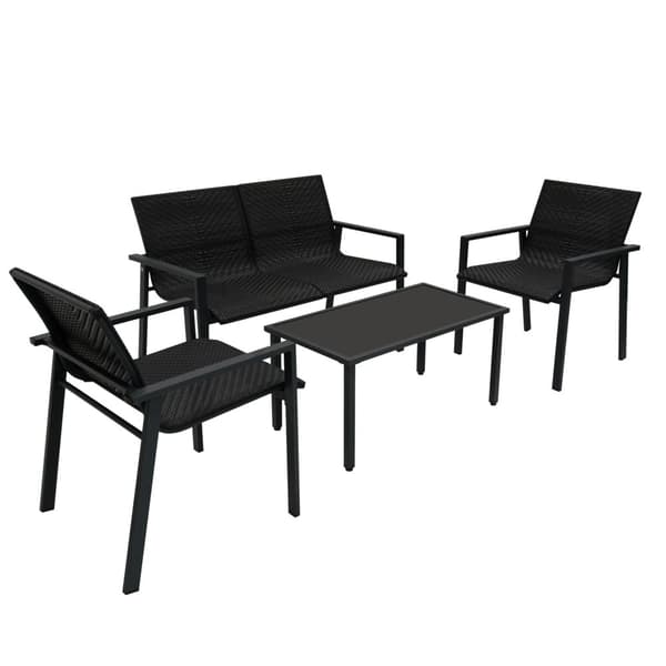 Rattanmöbelgrupp 4 Delar för Uteplats – Svart | 2-sitssoffa | 2 Stolar och Bord med Glasbordsskiva | Väderbeständig | Regnskydd ingår | Perfekt för Tr