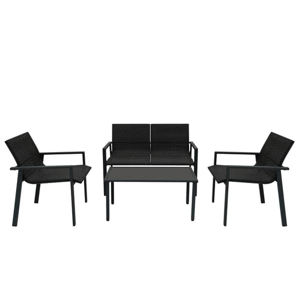 Rattan møbelgruppe 4 stykker til terrasse - sort | 2-personers sofa | 2 stole og bord med glasbordplade | Vejrbestandig | Regnslag medfølger | Perfekt