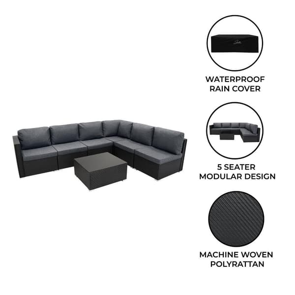 Modulärt Set i Konstrotting med Förvaringslåda 700/996L | Avtagbara & Tvättbara Grå Dynor | Bord med Härdat Glas | Vattentätt Överdrag | UV-beständigt