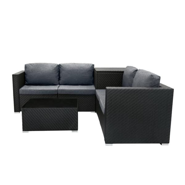 Rattan Modular Garden Furniture Set & Storage Box Sofa Sectional Chairs With Cushions Coffee Table Waterproof Lining Chest Gas Lift Lid Wheels Outdoor