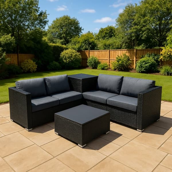 Rattan Modular Garden Furniture Set & Storage Box Sofa Sectional Chairs With Cushions Coffee Table Waterproof Lining Chest Gas Lift Lid Wheels Outdoor