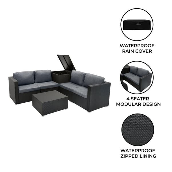 Rattan Modular Garden Furniture Set & Storage Box Sofa Sectional Chairs With Cushions Coffee Table Waterproof Lining Chest Gas Lift Lid Wheels Outdoor