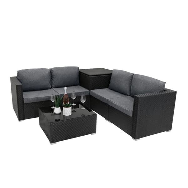 Rattan Modular Garden Furniture Set & Storage Box Sofa Sectional Chairs With Cushions Coffee Table Waterproof Lining Chest Gas Lift Lid Wheels Outdoor