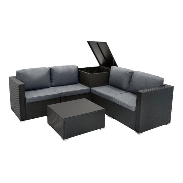 Rattan Modular Garden Furniture Set & Storage Box Sofa Sectional Chairs With Cushions Coffee Table Waterproof Lining Chest Gas Lift Lid Wheels Outdoor