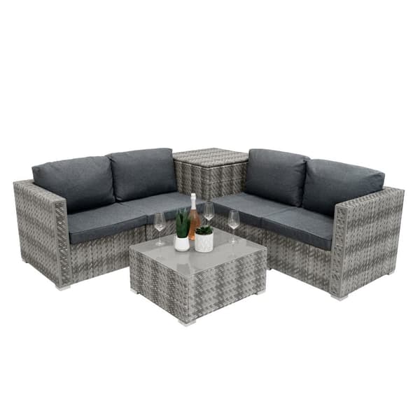 Rattan Modular Garden Furniture Set & Storage Box Sofa Sectional Chairs With Cushions Coffee Table Waterproof Lining Chest Gas Lift Lid Wheels Outdoor