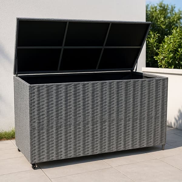 Rattan Modular Garden Furniture Set & Storage Box Sofa Sectional Chairs With Cushions Coffee Table Waterproof Lining Chest Gas Lift Lid Wheels Outdoor